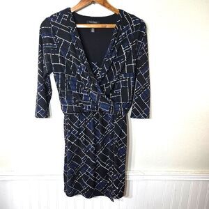 White House Black Market Career Navy Blue Geometric Knee Length Dress Size SM